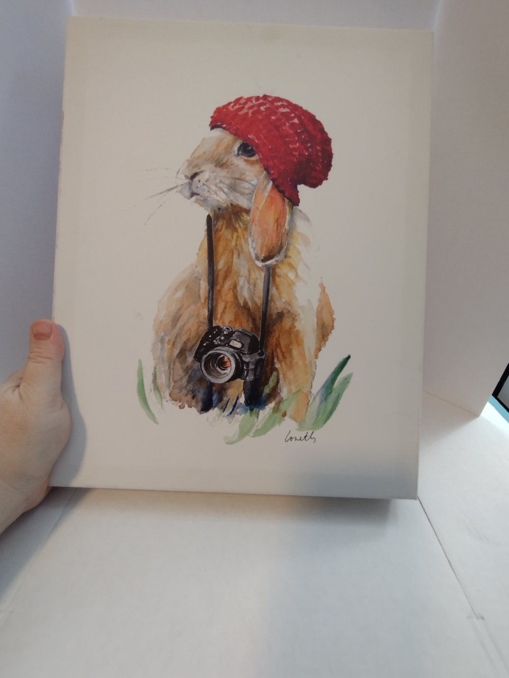 Red-Hat Bunny with Camera Watercolor Print - Unbranded Home Art Painting